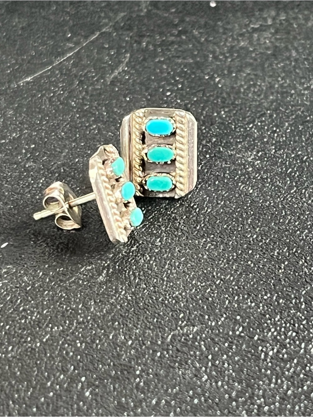 Sterling Silver Turquoise Stud Earrings - Three Stone. Southwestern. Native